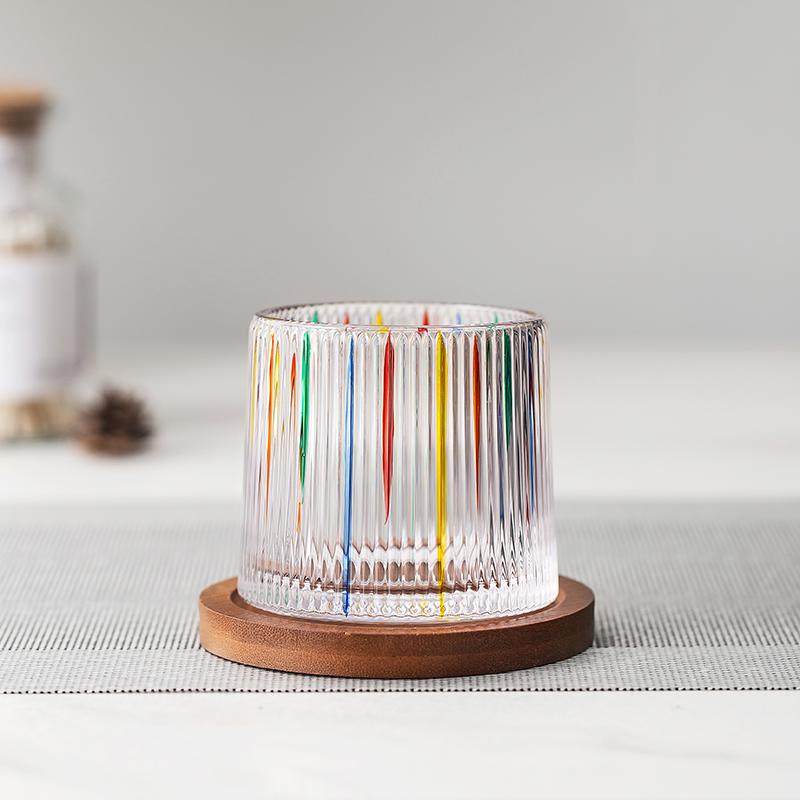 275ml Hand-Painted Spinning Whisky Glass with Gyro Base & Wood Rotating Coaster - Stress Relief Gift for Cocktail, Coffee, Tea,