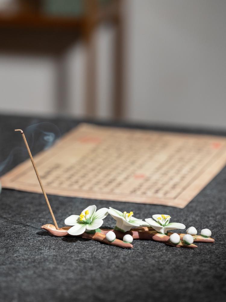 Ceramic Incense Holder & Brush Rest - Magnolia Plum Blossom Design