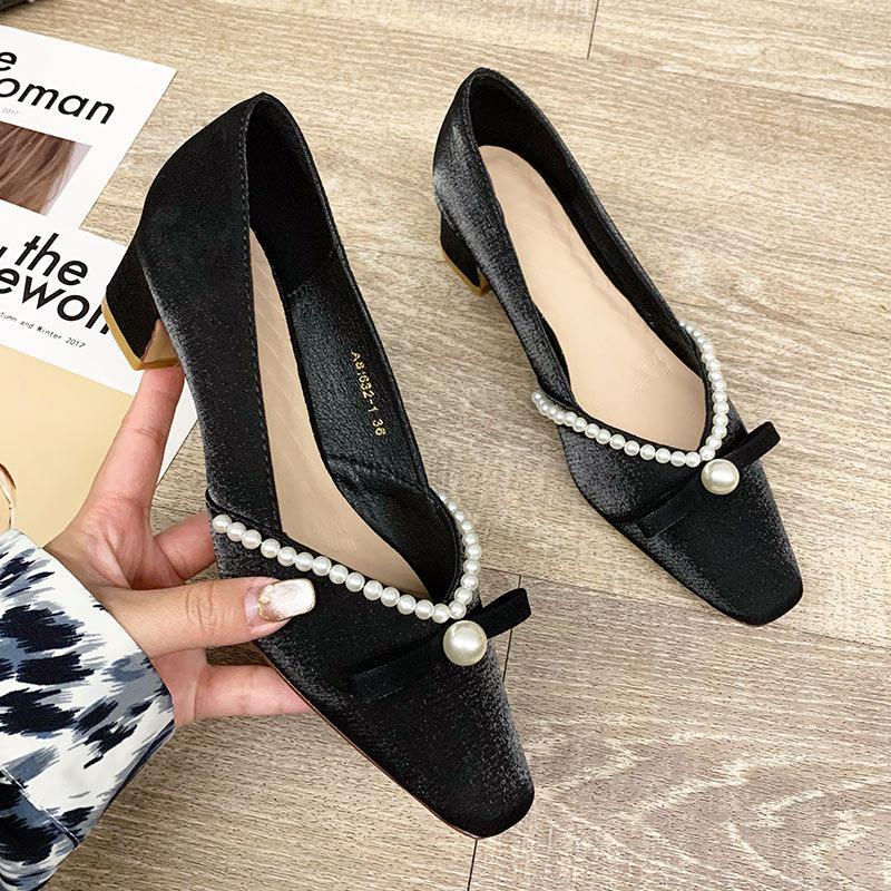 Single Shoes Women's Medium Heel Thick Heel High Heels French Pearl Small Square Head Shallow Mouth Versatile 2025 Spring and Autumn New Women's Shoes