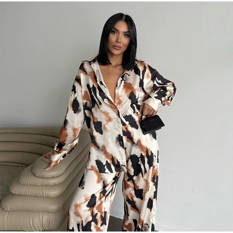 Tištěný volný ležérní set dámská košile s dlouhým rukávem kalhoty se širokými nohavicemi dvoudílný set na dojíždění jaro a léto