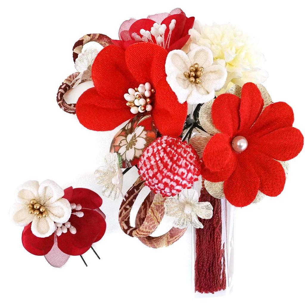Hair Ornament Set Furisode Ceremony White Red Tsumami Crafts Crepe [Kyoto Usagido] 2-piece Coming-of-age Kk-094
