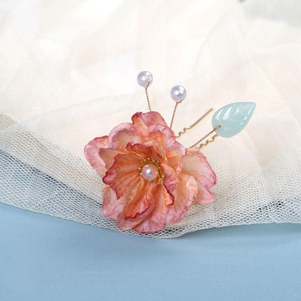 

Cloth U Shaped Hair Stick Floral Hanfu Hair Stick Elegant Artificial Flower Hair Stick Wedding Pink-A