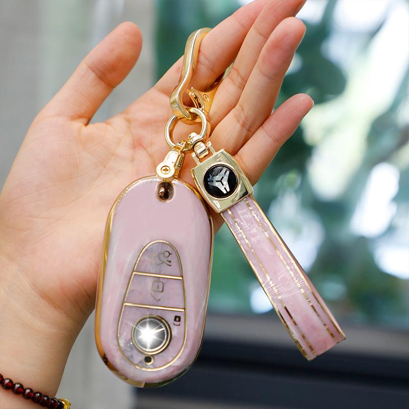 Mercedes-Benz Key Case for C260, LC200L, S400 Maybach, EQE, GLC with Gold Inlaid Jade Shell