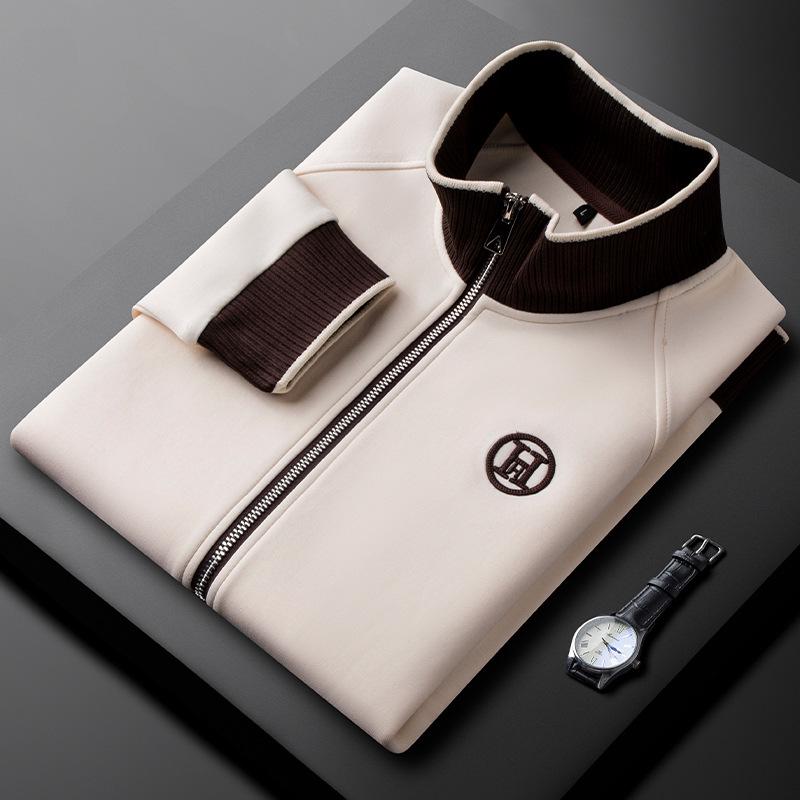 Men s 2025 Embroidered Slim Fit Jacket: Warm Autumn/Winter Hoodie with Metal Zipper and Long Sleeve. XL бежевый