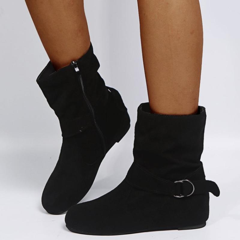 Martin Boots Fashionable Plus Suede Flat Bottomed Belt Buckle Women's Short Boots with Sleeves Round Toe Women's Boots