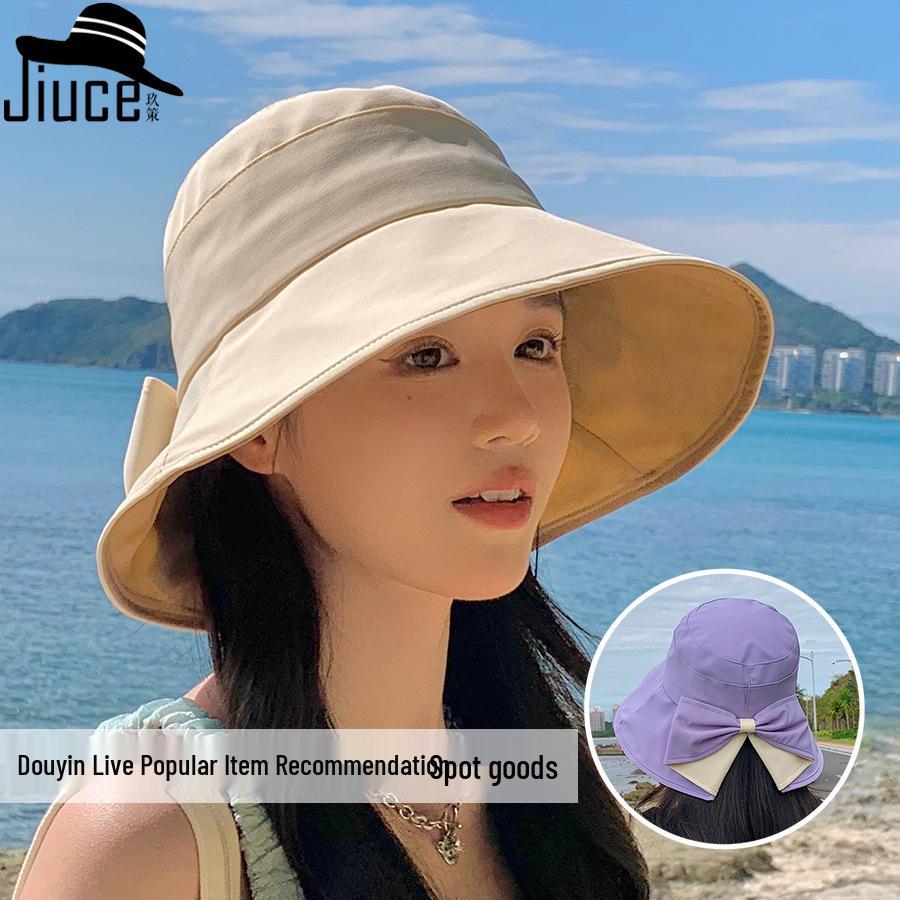 Koreanischer zweifarbiger Sonnenhut mit breiter Krempe und Schleife für Damen - Flacher Oberteil, Schlitz hinten, UV-Schutz