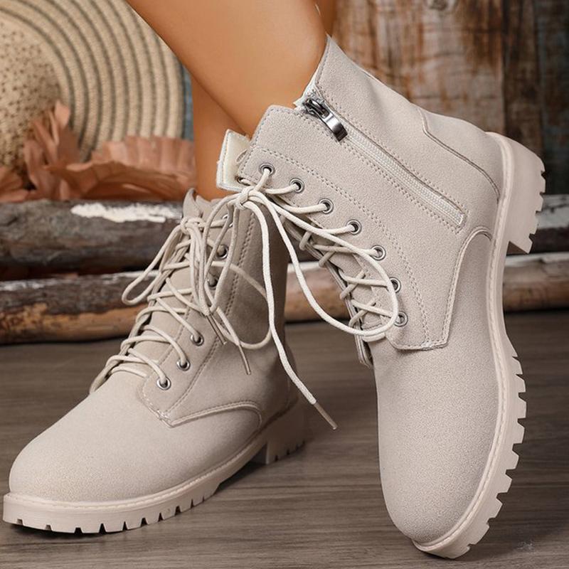 Fashion Retro Solid Zip Ankle Boots for Women Autumn Winter Square Heel Lace-Up Women\'s Boots Plus Size Round Toe Shoes of Woman