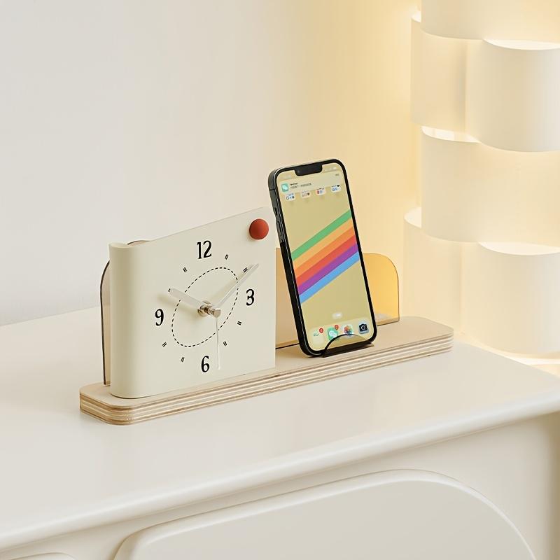 Creative Curved Shape Desk Clock, Silent Wooden Dual Tonewith Large Dial, Decorative Ball Includes Phone Holder, Ideal for Bedroom ,Study Decor