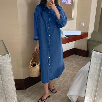 Robe chemise en jean pour femme, manches longues retroussées, boutonnée, maxi, décontractée, revers, ample, droite, avec poche