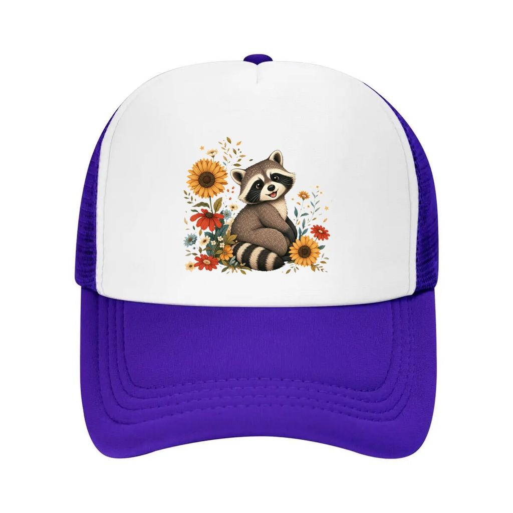 Whimsical Forest Raccoon Floral Port Mesh Baseball Cap Casual Hat Outdoor For Womens Unisex FeUnisex