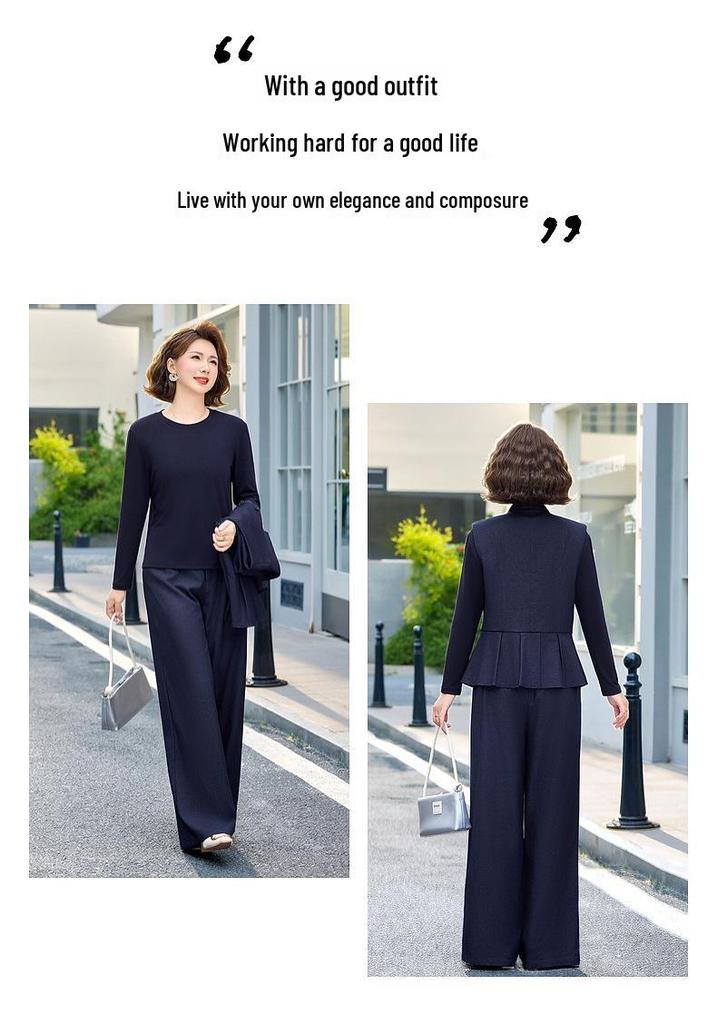 Spring Collection: Elegant Casual Lace-up Top & Elastic Waist Pants Set for Middle-aged and Elderly Women.