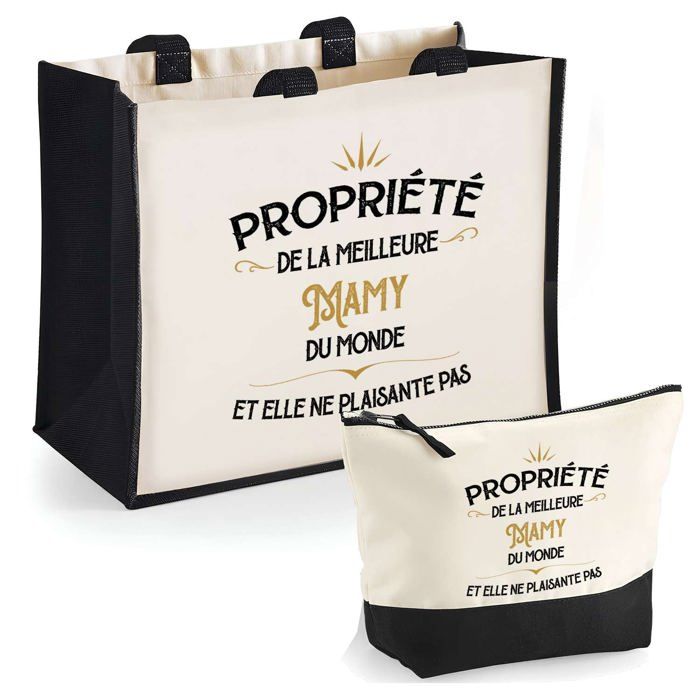 Coffret sac cabas & trousse - PLANETEE - Duo «Propriété de la meilleure Mamy» - Jute et coton - 33 x 42 cm - Fabriqué en France