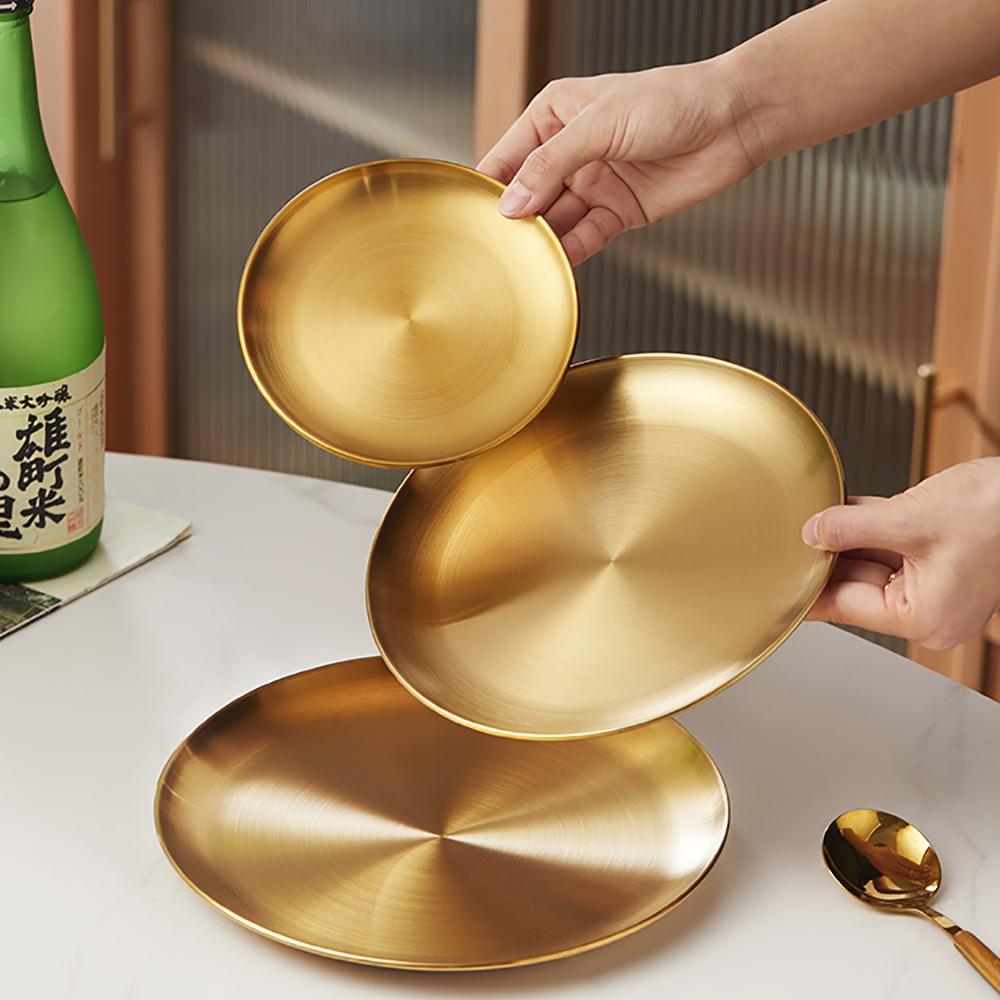Gold Stainless Steel Thickened Dinner Plates Round Coffee Tray Dessert Cake Snack Fruit Steak Dishes Korean Cutlery Metal Plate