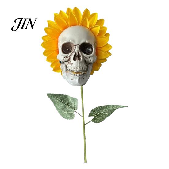 Halloween Lawn Decoration Sunflower Skull Ornament, Theme Garden Decor, Potted Skeleton Flower Pot Plant Waterproof Outdoor Decoration, for Patio Yard