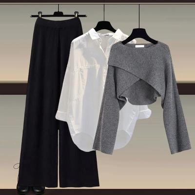Conjunto casual de tres piezas para mujer de primavera, verano y otoño: camisa blanca ligera con solapa + pantalones largos sueltos de pierna ancha + punto de jersey