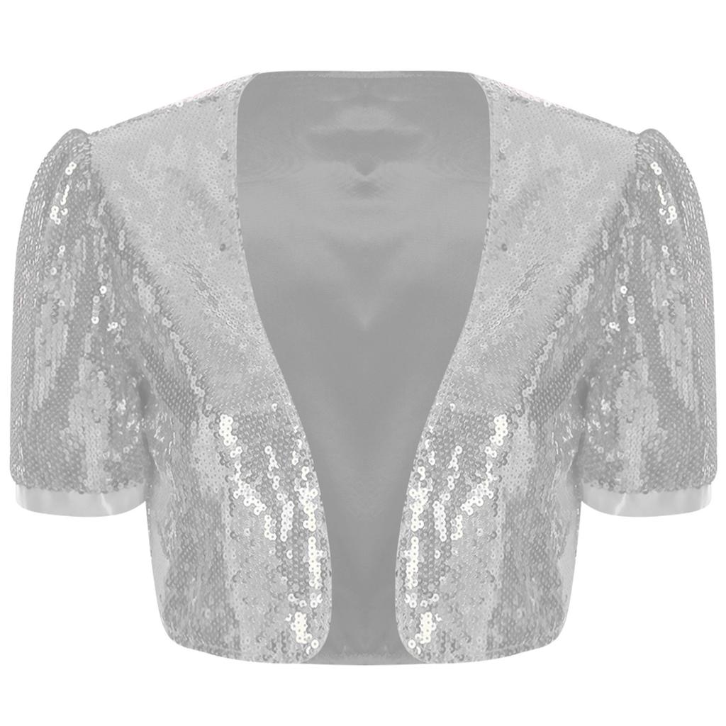 Women Glitter Sequin Cardigan Cropped Jacket Short Sleeve Open Front Fully Lined Stylish Club Cover Up