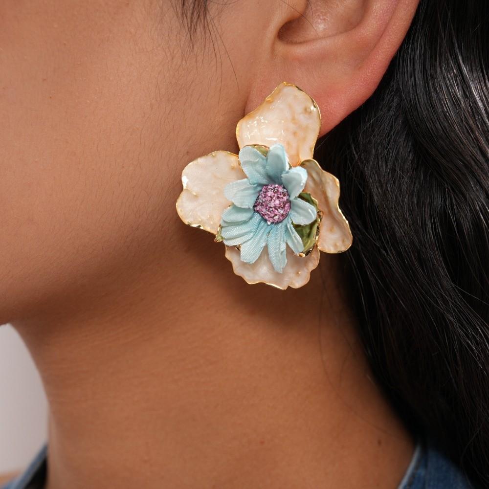 Iron Cloth Colorful Flower Earrings Oil Drip Floral Ear Studs Exaggerated Ear Pendant Summer