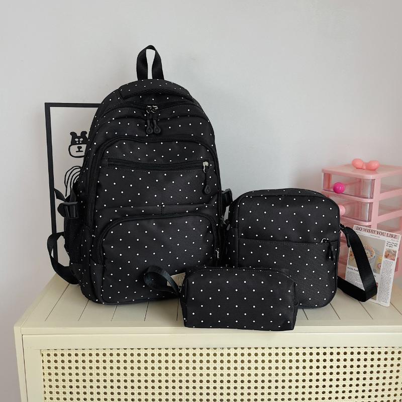 Nylon Polka Dot Girls Backpack Set Multi Compartment Zipper Closure Water Resistant Lightweight Bookbag for School Daily Use