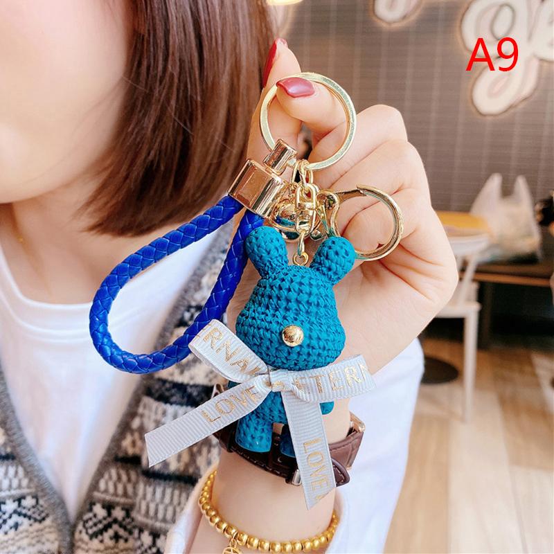 Cute Resin Woolen Little Bear Bow Rabbit Keychain Holiday Car Key Ring For Girls Creative Gift Weaving  Doll Bag Pendant