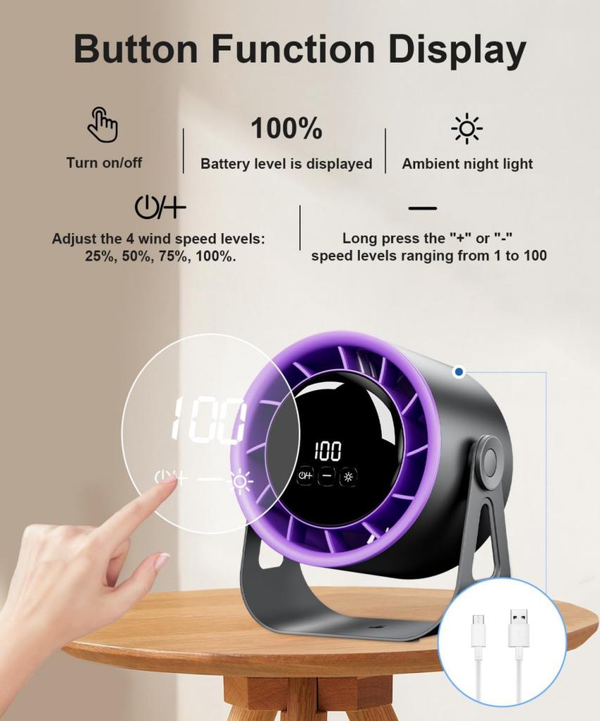 100 Level Bladeless Fan Portable Desk Fans Small Usb Charge Silent Desktop Digital Display High-speed Circulating Cooling Fan