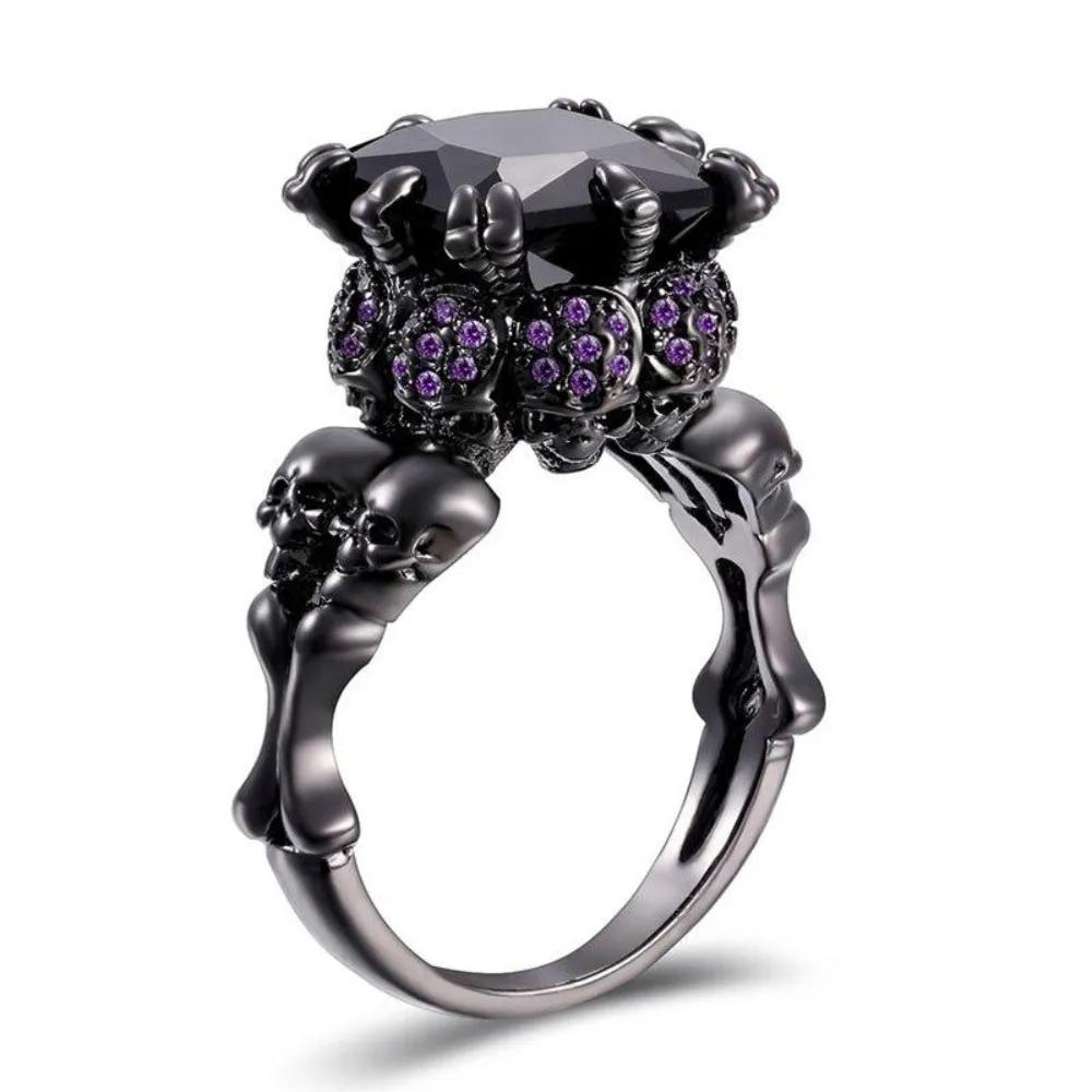 Totenkopf Gothic Schwarzer Ring Roter Kristall Vampir Doppel Totenkopf Halloween Ringe Schwarz für Damen Party Hochzeit Schmuck 10 black