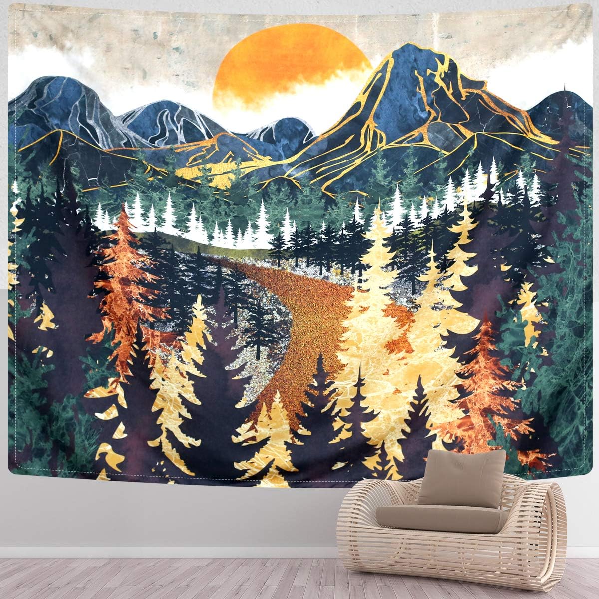 VIKAMA Golden Mountain Range Forest Tapestry Artistic Oil Painting Style Bedroom Headboard  Living Room Feature Wall Decoration 74x94cm(29x37in)