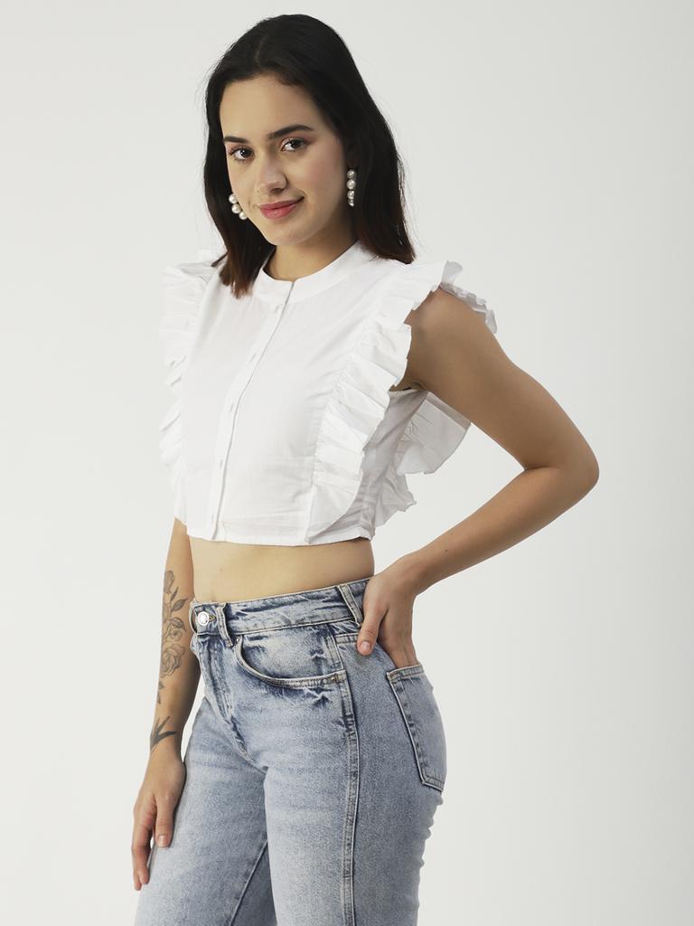 Moomaya Crop top din bumbac solid cu nasturi, topuri cu mâneci cu voloane de vară