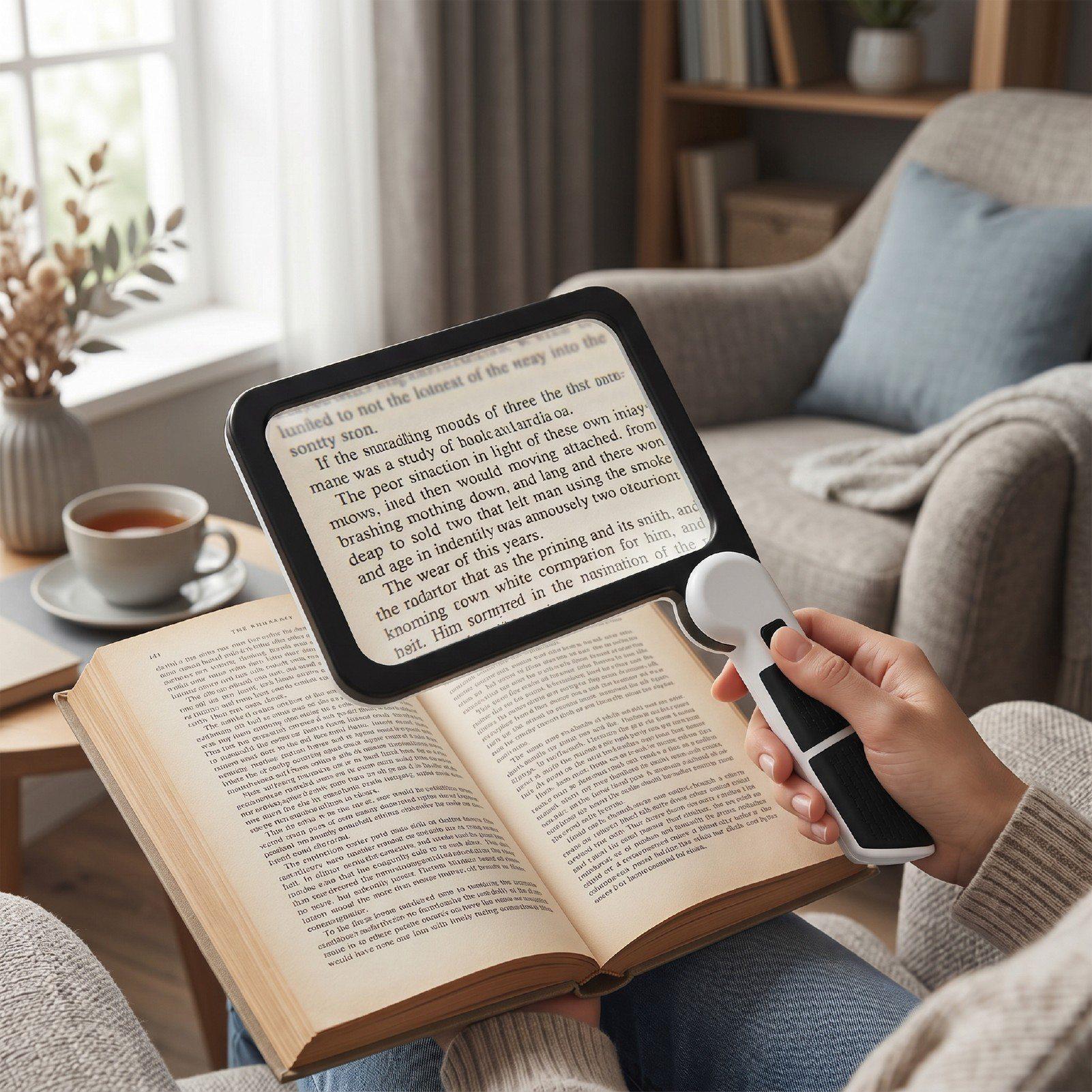 Loupe de Page LED 5X, Grande Loupe Rectangulaire avec Poignée Pliable pour Lire les Petits Caractères