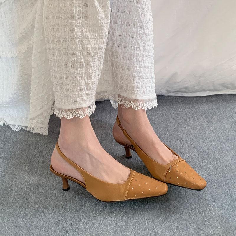 Fashion Fashion Metal Rivet Pumps Women Medium Heels Shoes Female Slingbacks Square Toe Footwear Shallow Ladies Heels Sandals Shoes