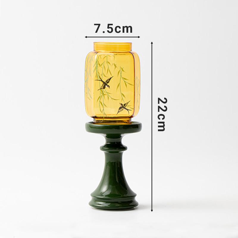 

Green Retro Candlestick Chinese Zen Printed Windproof Glass Cover- Ceramic Base Incense Candlestick Stand Home Ornament 7.5x22cm