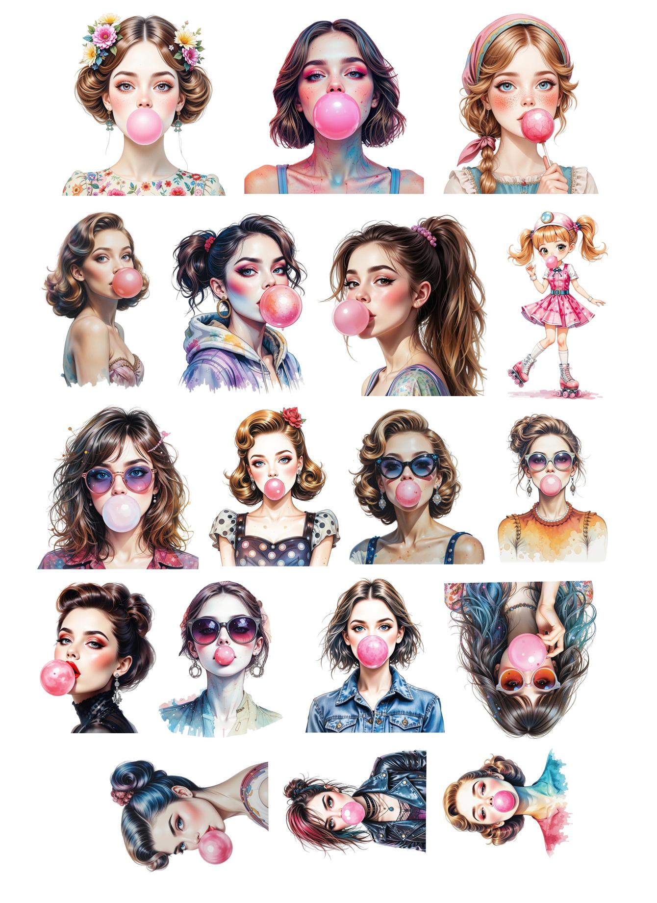 

18pcs cute sweet blowing bubble girl graffiti stickers, stationery, notebook, account materials, phone cases, luggage, guitar белый
