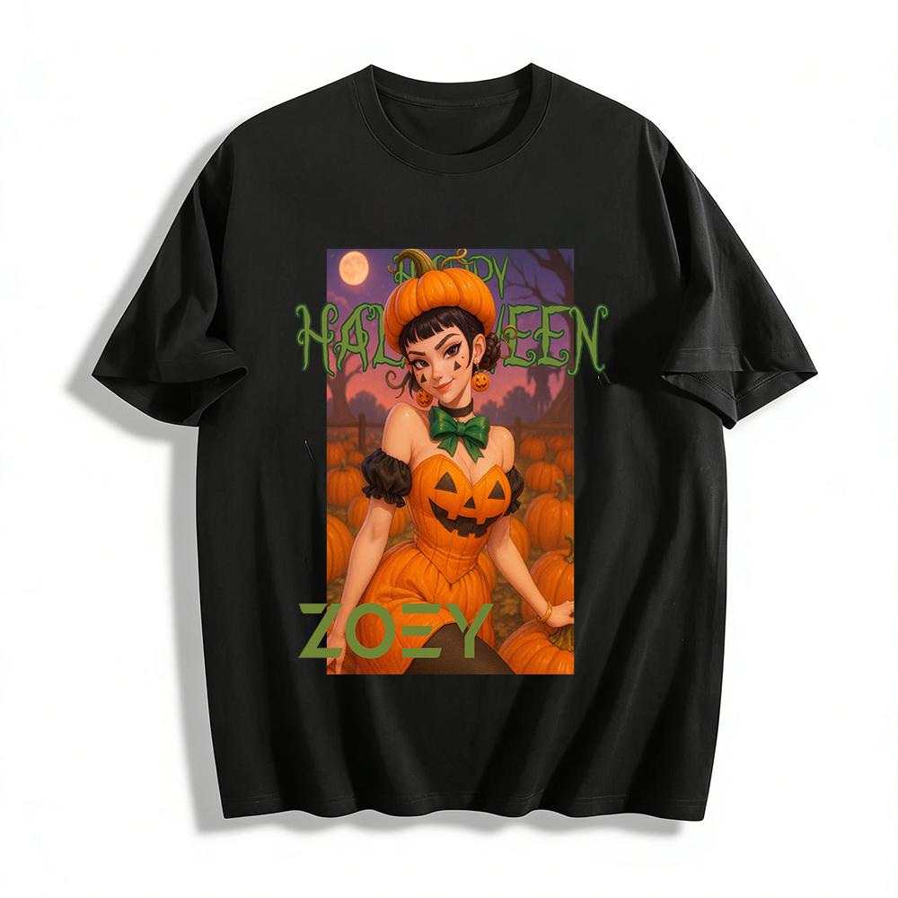 

Halloween Zoey Pumpkin Print Off Shoulder Top Women s Spooky Festival Party Casual Blouse Pure cotton T-shirt XXS