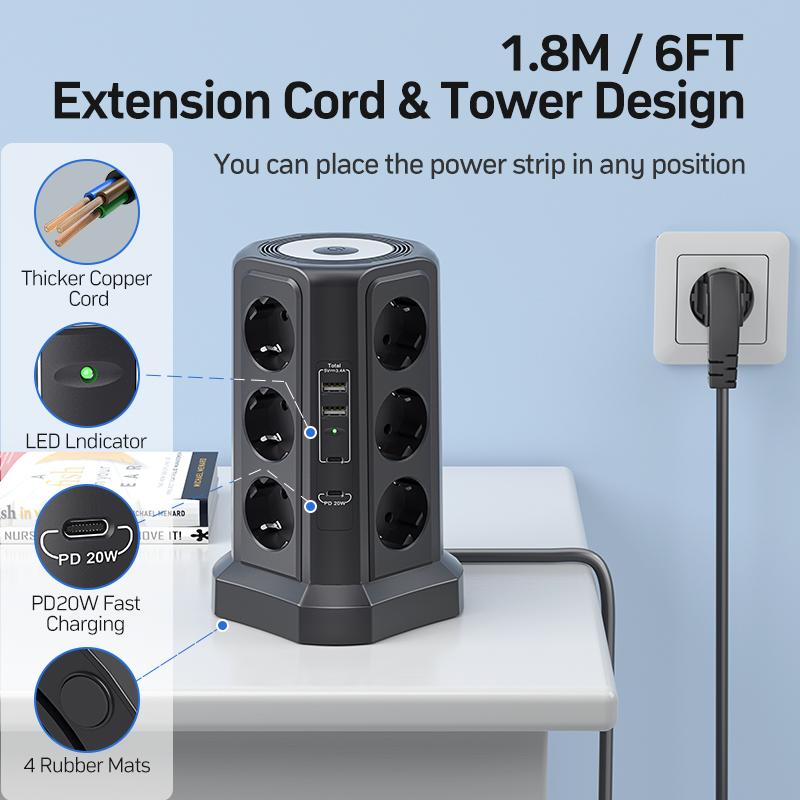 Eu Schwarzer Mehrfachsteckdosen-Überspannungsschutz 4000 W 16 A mit USB-Anschluss, Mehrfachstecker mit Nachtlicht, mit 1,8 m schwarzem Verlängerungskabel