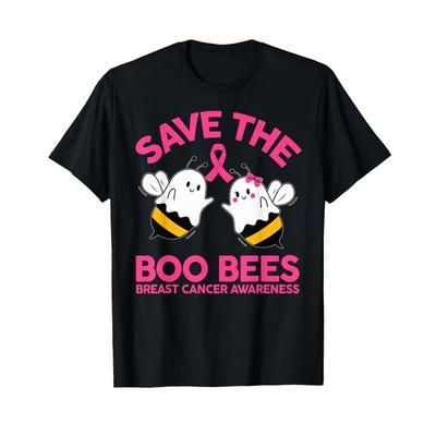 Save The Boo Bees Breast Cancer Awareness T Shirt Cute Ghost Bee Round Neck Casual Tee