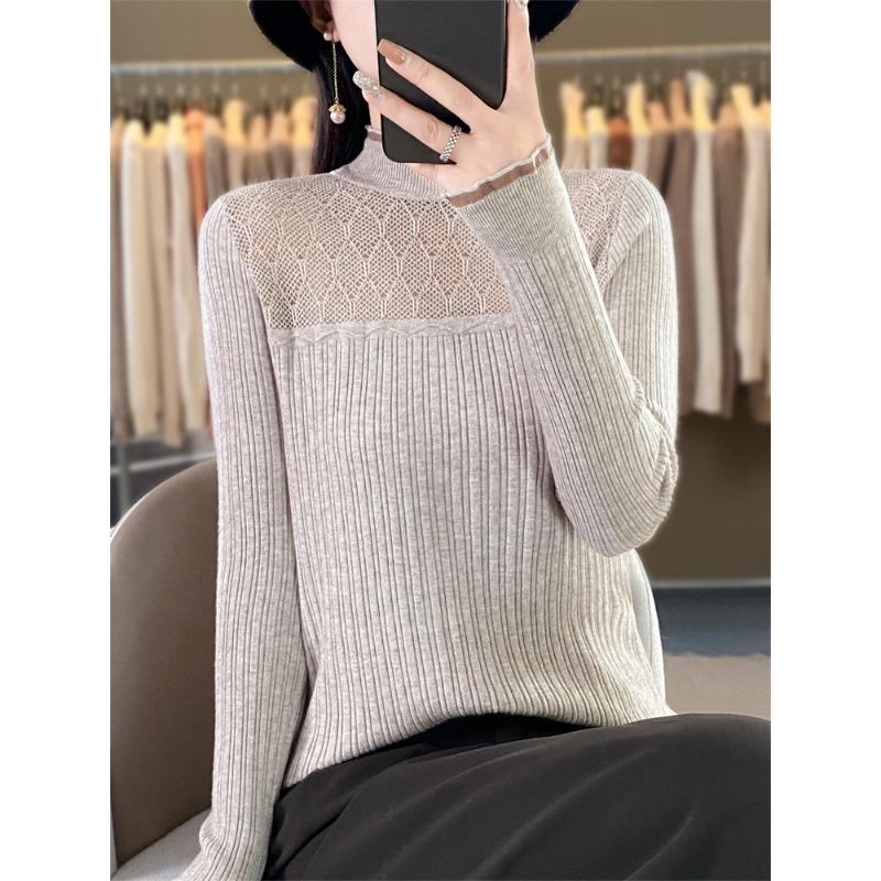 

Осенне-зимняя новая облегающая базовая рубашка из кружева органзы для женщин, универсальный ажурный трикотажный свитер с длинными рукавами для женщин XXL