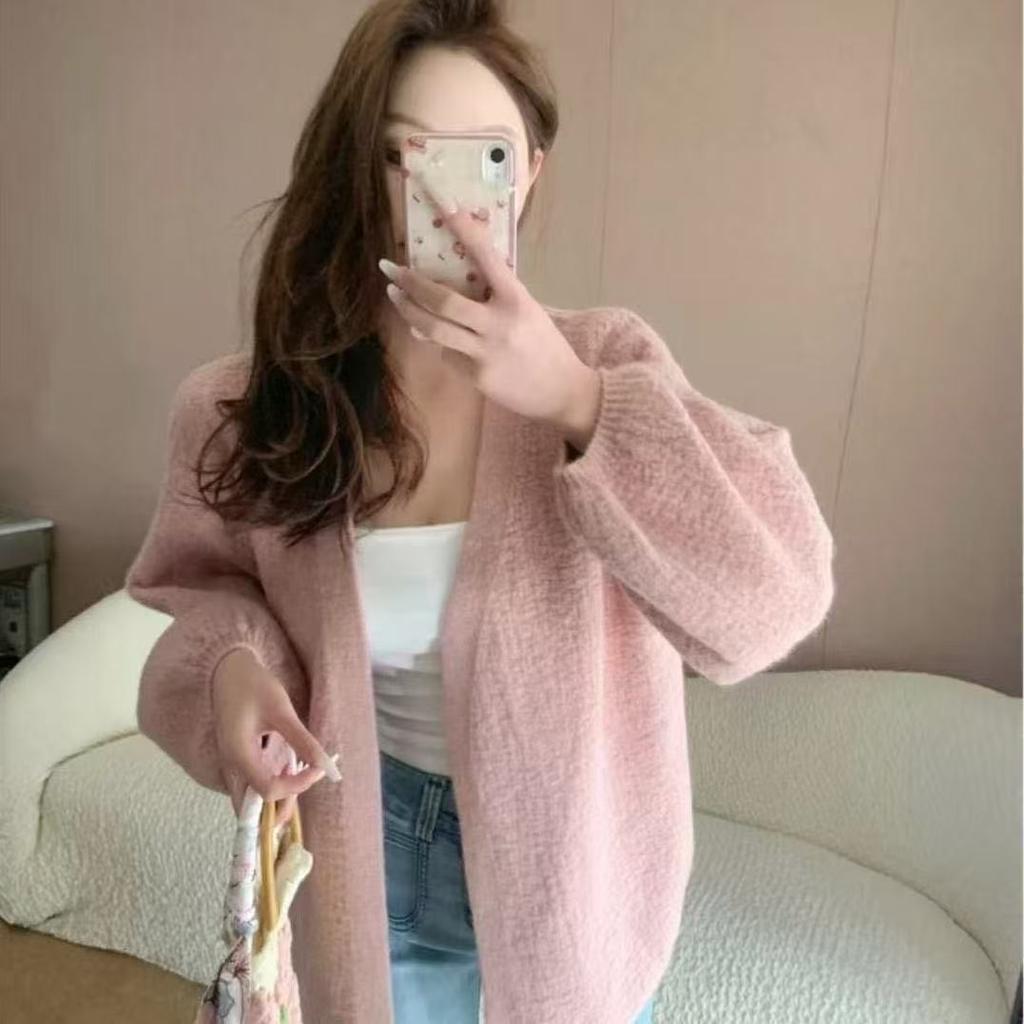 Spring and Autumn New Loose Lazy Sweater Jacket Women's Solid Color Simple Versatile Knitted Cardigan Top