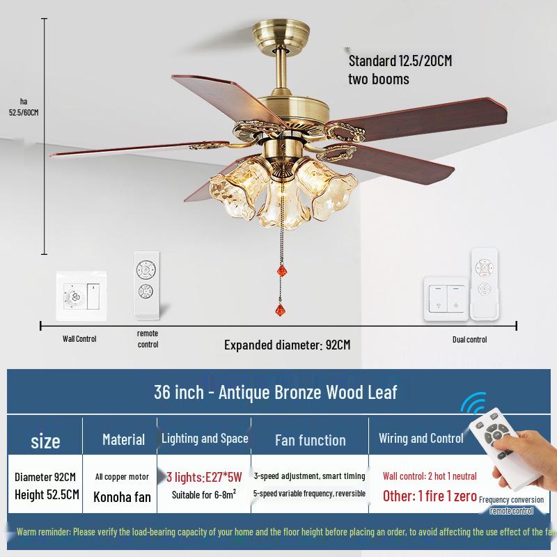 Mid-Century European Retro Ceiling Fan Light with Iron Blades - Variable Frequency High Airflow for Living Rooms or Restaurants.