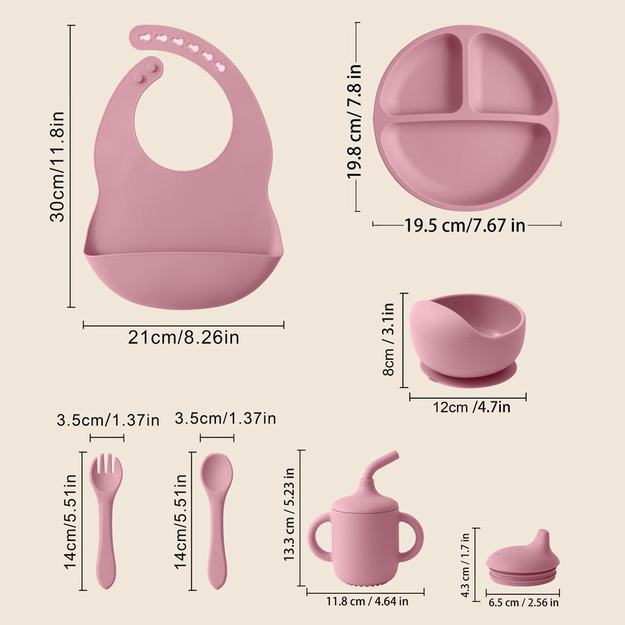 Color Kids 6PCS Silicone Baby Feeding Set Sucker Bowl Dinning Plate Straw Cup Spoon Fork Toddler Dishes Bib Children's Tableware