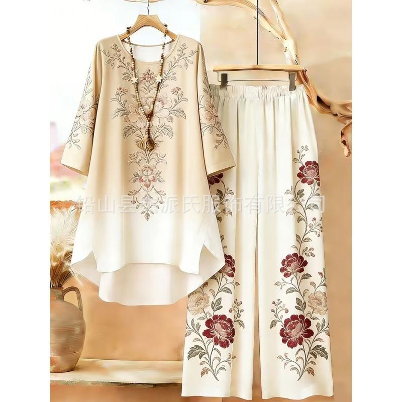 1116 European and American plus-size women's new vintage bohemian style round neck mid-sleeve set