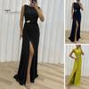 Lady Slit Hem Dress Evening Pleated Floor Length Solid Color Rhinestone Decor Sleeveless Round Neck High Waist Prom Cocktail Party Maxi Women Gown