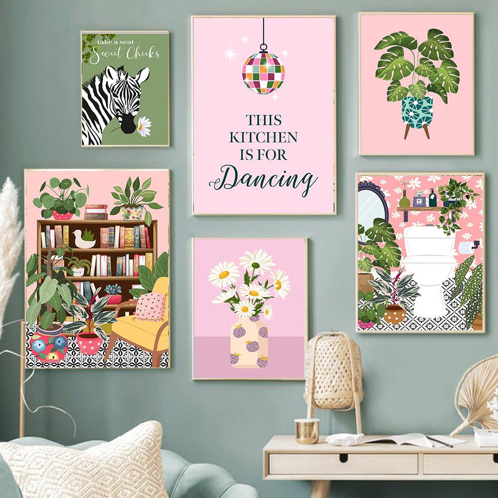 Animal Highland Cow In Bathroom Wall Art Canvas Painting Posters Botanical Library Monstera Leaf Print For Coffee Bar Home Decor