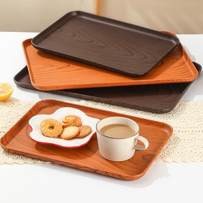 WORTHBUY Rectangular Wood Grain Plastic Food Tray Reusable Serving Tray Fruit Snack Dessert Plate Dishes Kitchen Tableware