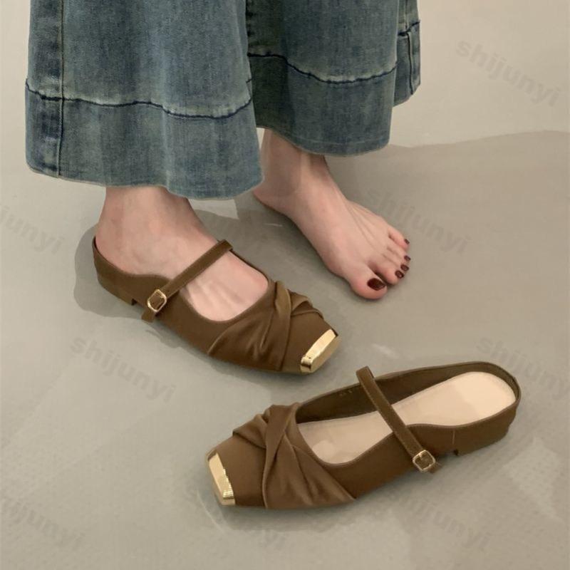 Fashion Elegant Square Head Flat Half Slippers for Women 2025 Spring Soft Sole Comfortable Mary Jane Shoes Shallow Mouth Fashion Sandals