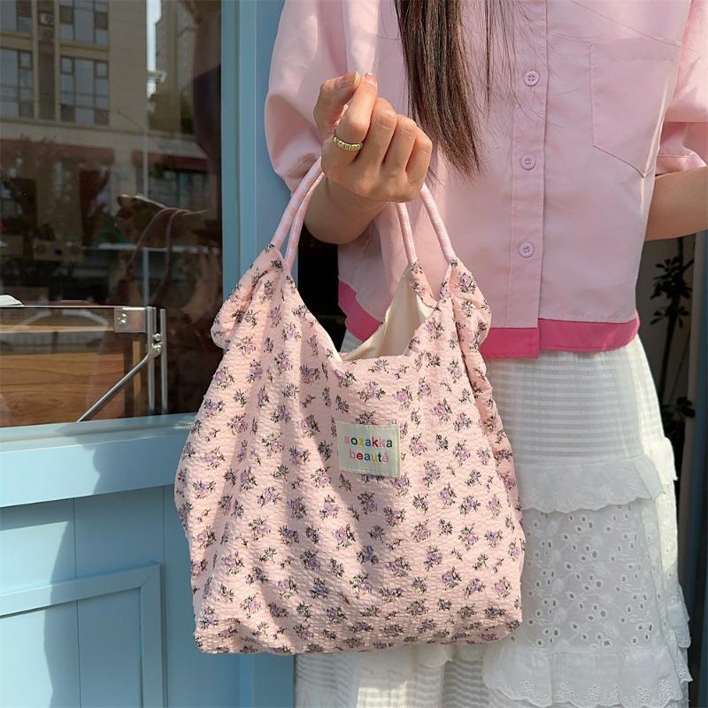 Small Floral Shoulder Canvas Bag Spring and Summer Fresh Thin Tote Bag Large Capacity Holiday Beach Bag