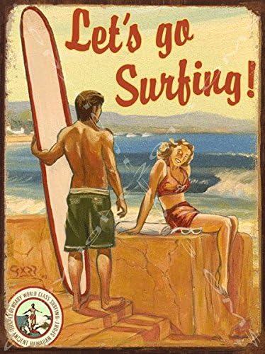 

OMSigns Lets Go Surfing Metal Sign Art Vintage Surfboard Retro Island Lifestylealuminum 20x30cm（7.8x11.8inch）