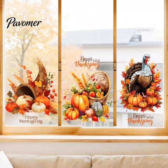 Static Window Clings for Thanksgiving Harvest Themed Sticker, Decorative Non Adhesive Cling, Removable Holiday Glass Stickers Watercolor Decals