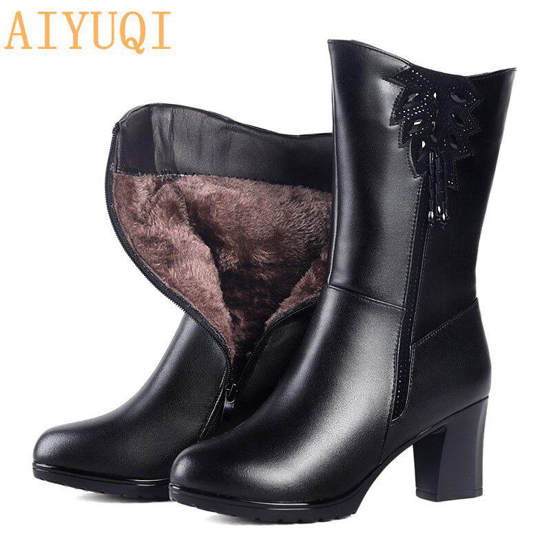 Bottes d'hiver chaudes en laine naturelle pour femmes, bottes à talons hauts, bottes de neige pour dames