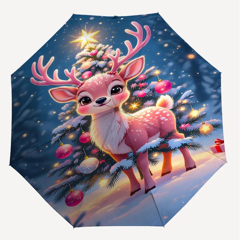 1 Stück Weihnachts-Regenschirm mit Hirsch-Motiv, automatisch auf- und zuschlagbar, winddicht, 8-Speichen stabiles Dach, langlebige Speichen, modisches Design, Outdoor-Accessoire, lustiges Druckmotiv,