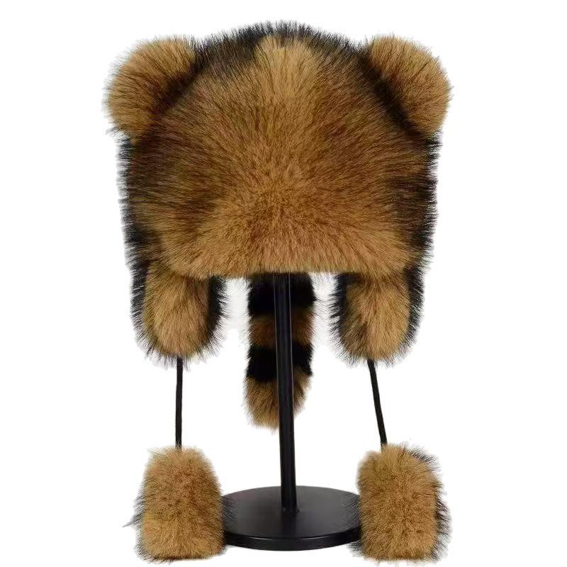 New Winter Thickened Raccoon Anti-wind and Cold Ear Protection Hat Cute Fox Ears Show Face Small Plush Lei Feng Hat