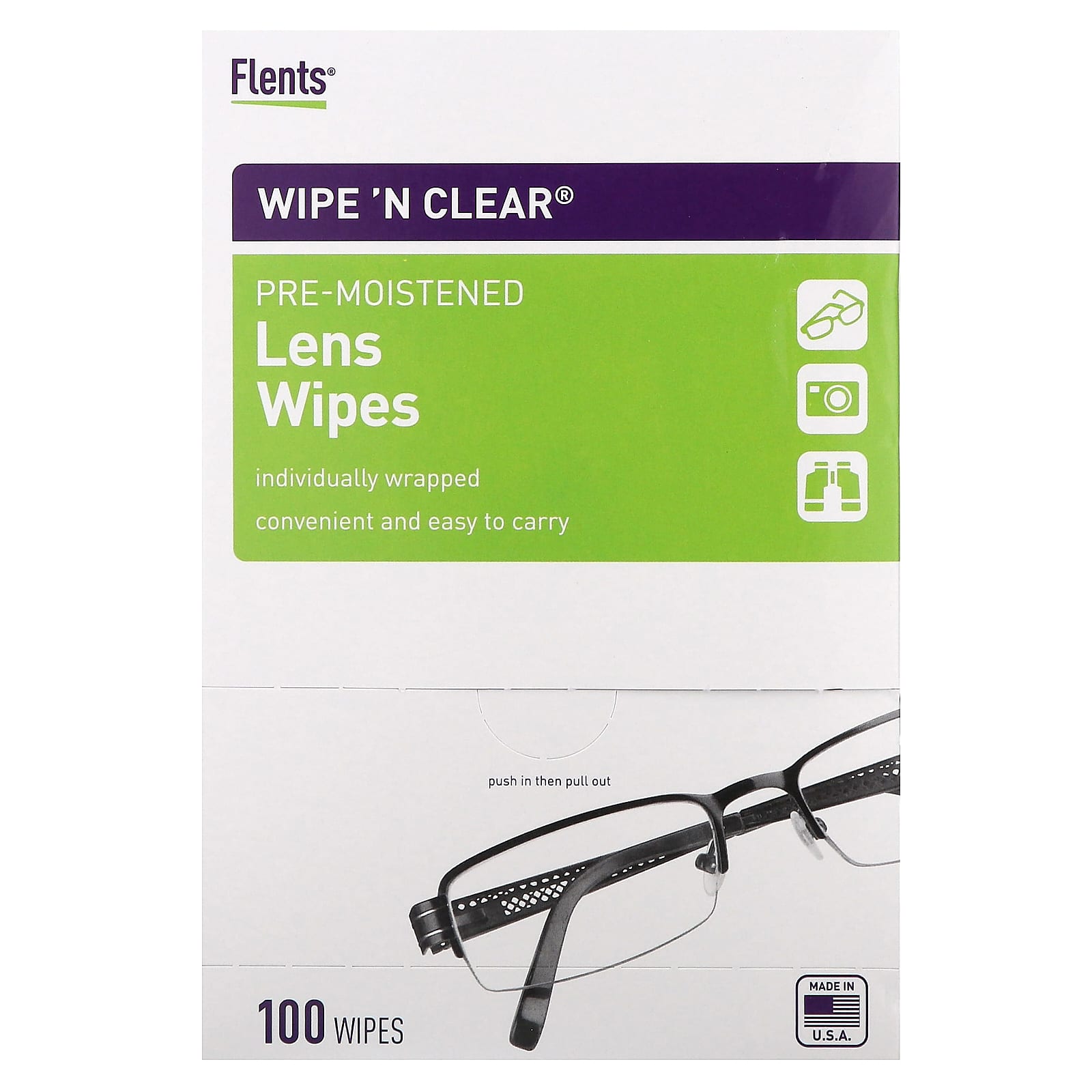 

Flents, Wipe N Clear, вологі серветки для лінз, 100 аркушів